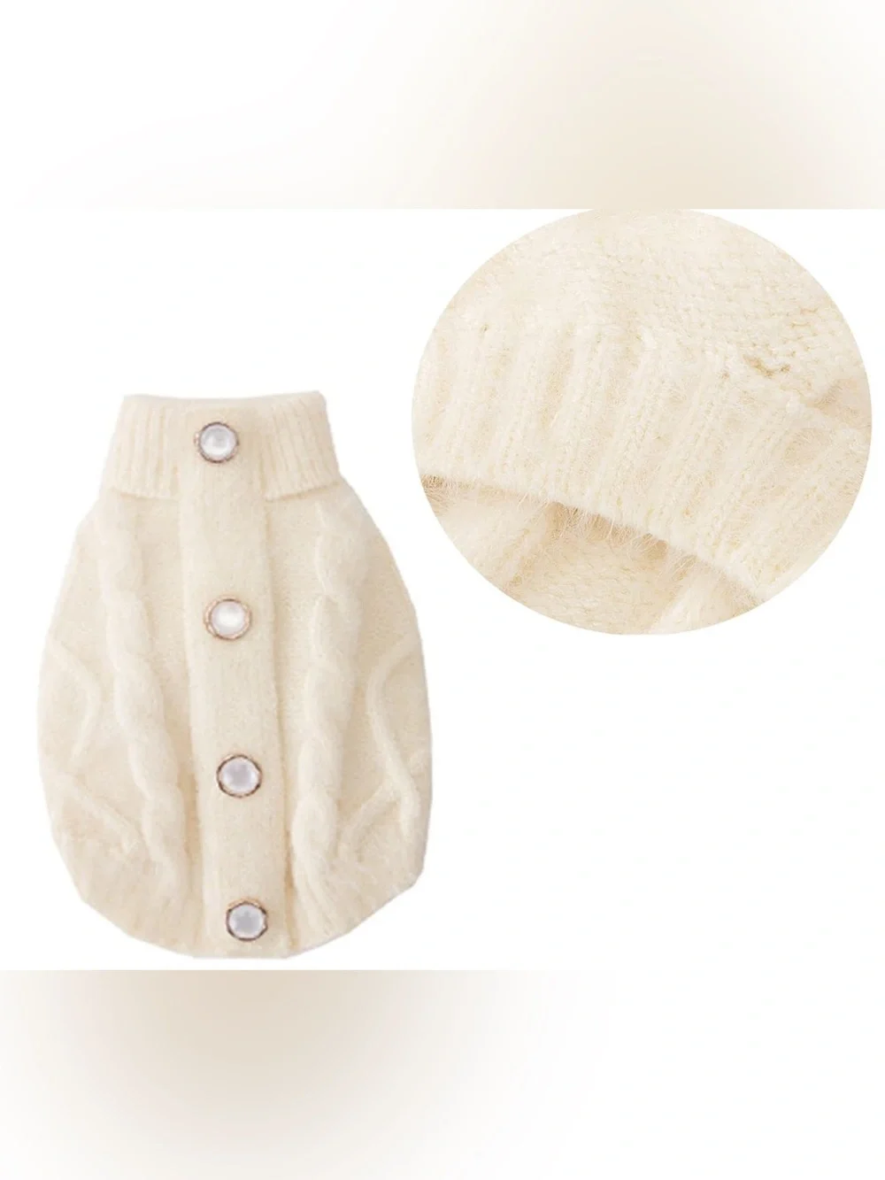 Cream Cable-Knit Cat Sweater with Pearl Button Accents